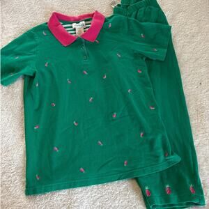 VTG Quacker Factory Outfit Pants Polo Set Large Green Pink Embroidered Pineapple